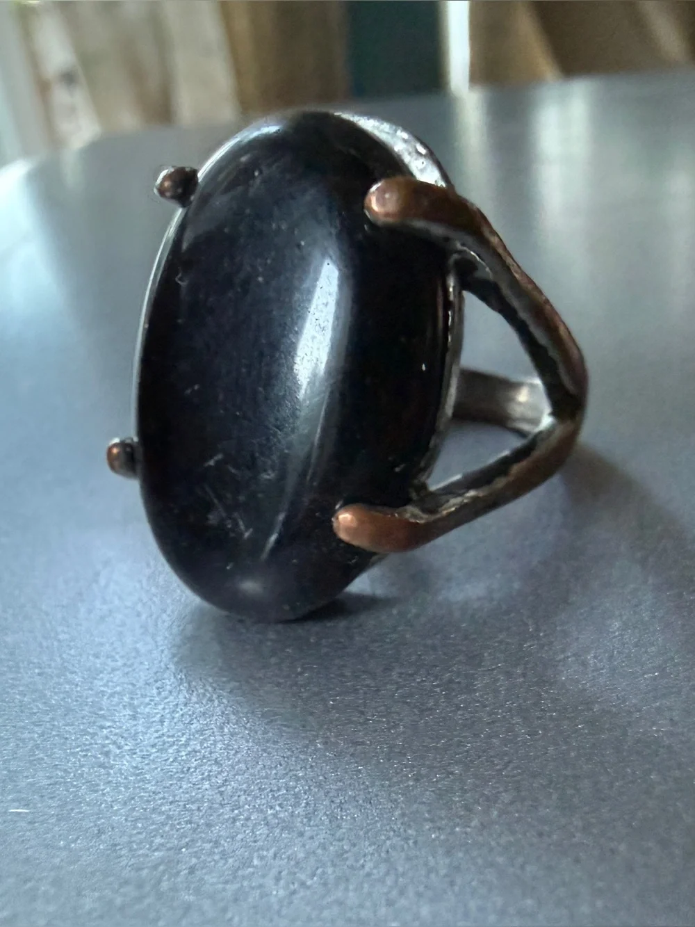 Vintage Moroccan Berber Bronze Ring Black Agate Cabochon Ethnic Tribal Size 8.5